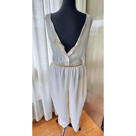 Vintage 80s jumpsuit, off-white, gold metallic lace, elastic waist & golden belt - Picture 7 of 10